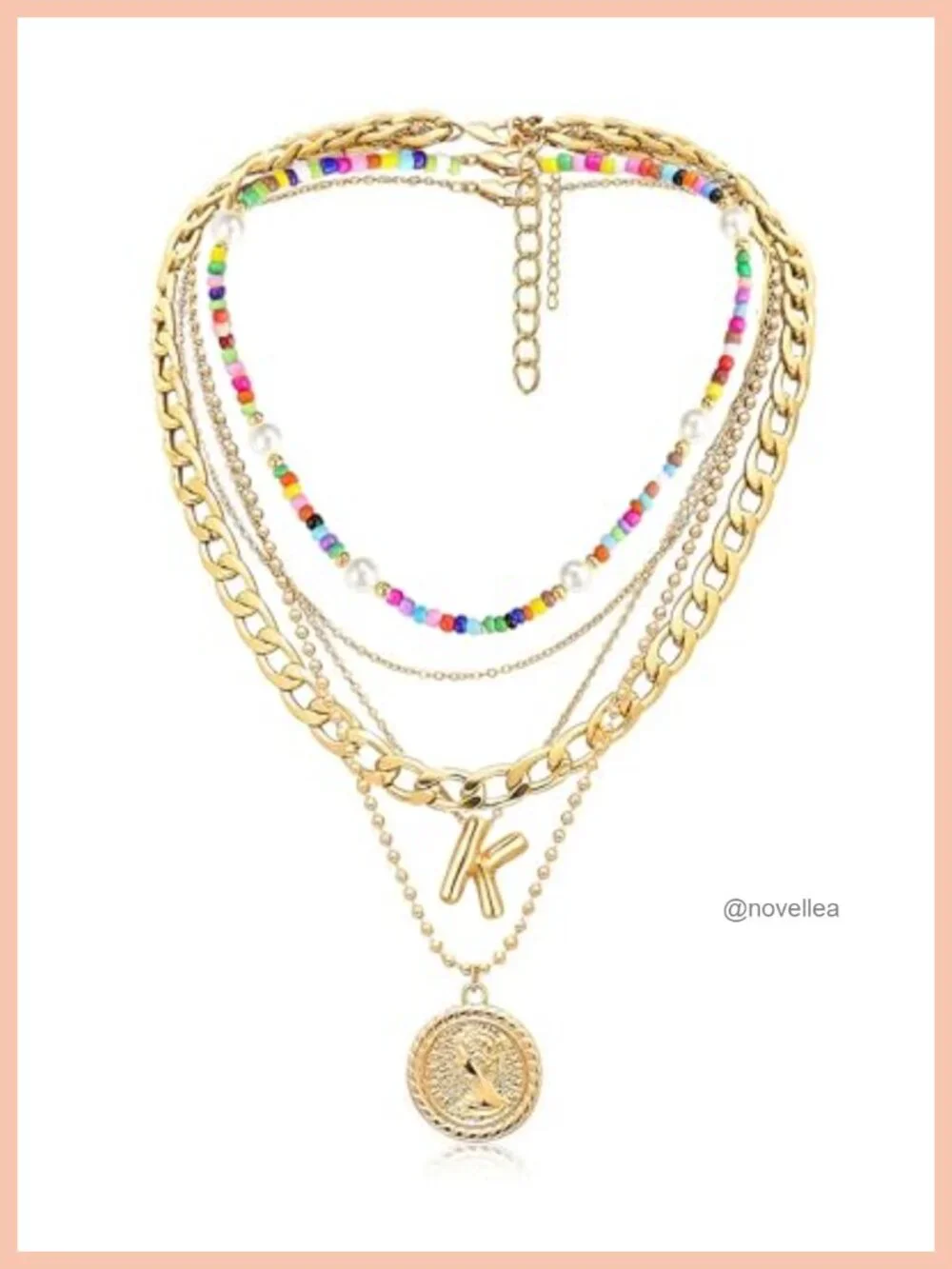Layered Initial Necklace Set Chunky Chain Beaded Choker Costume Jewelry Brass